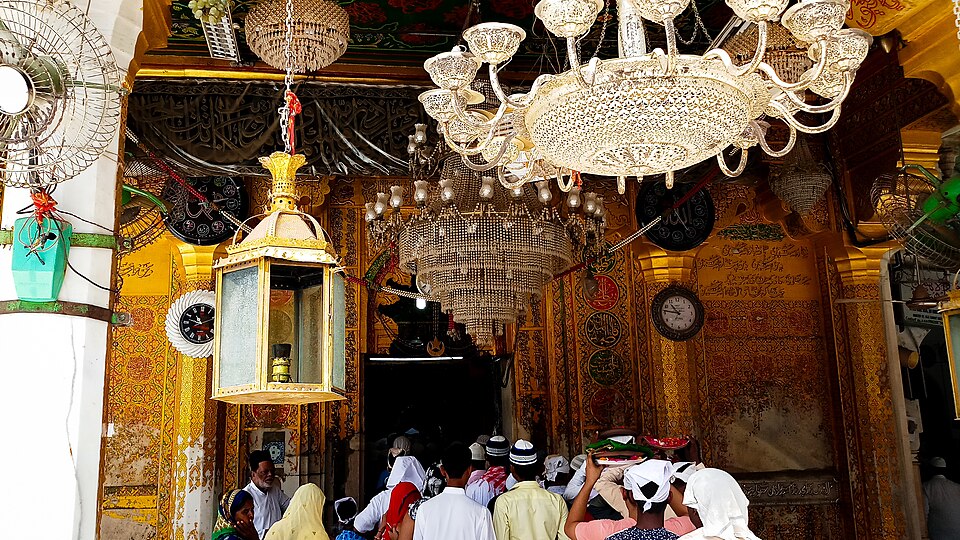 The shrine entrance and chandeliers